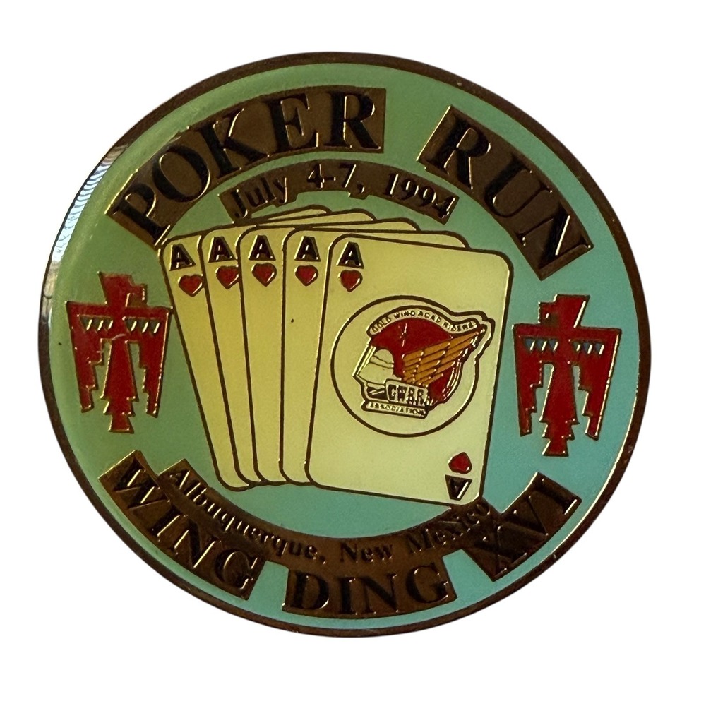 Vintage 1994 Wing Ding XVI Poker Run GWRRA Albuquerque NM Enamel Pin Gold Tone